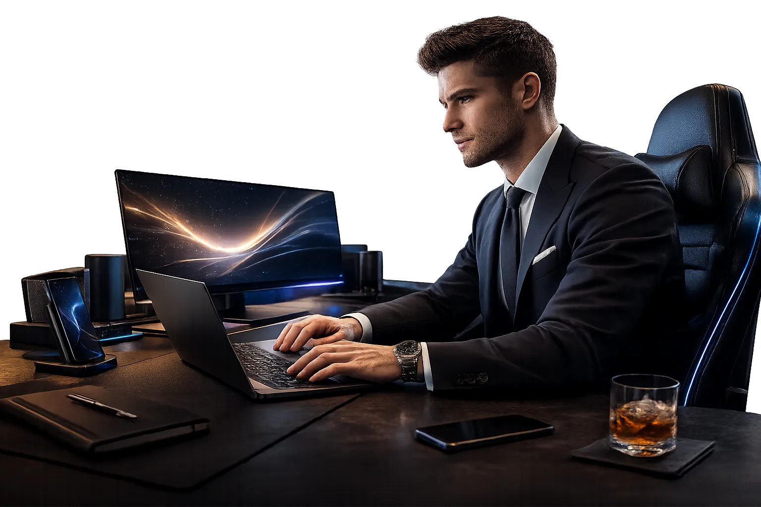Executive working on a ThinkPad in a modern office