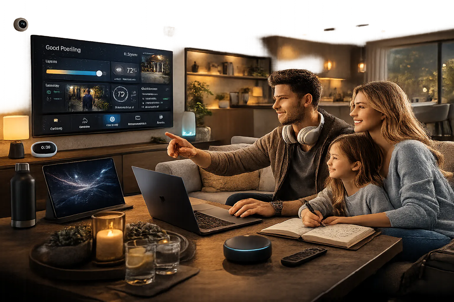 Family in a softly lit smart home evening scene